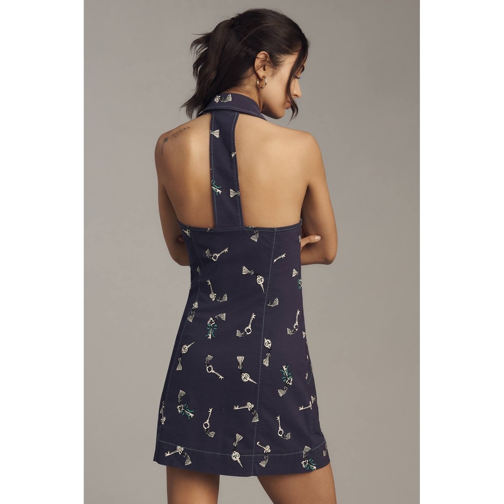 Maeve Anthropologie Amelia Collared Navy Blue Halter Mini Dress Large NEW! $148 - Picture 3 of 7